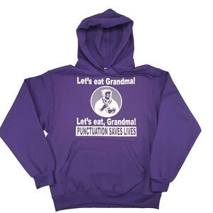 Lets Eat Grandma Humor Hoodie Mens Medium Purple White Graphic Funny Edgy Teen